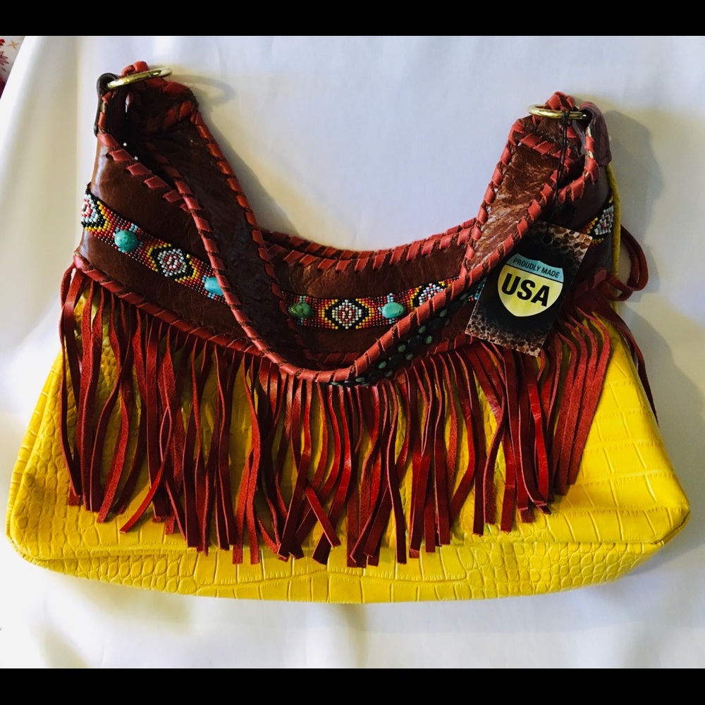 KurtMen Shoulder Bag Yellow Beaded Fringe Western